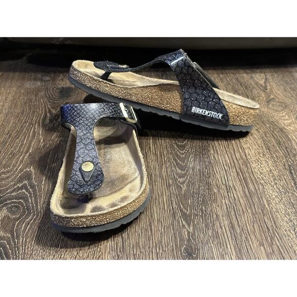 Birkenstock Women Gizeh Thong Comfort Sandal Snake Navy Blue Sparkly SZ 38 US 7 - Picture 1 of 14